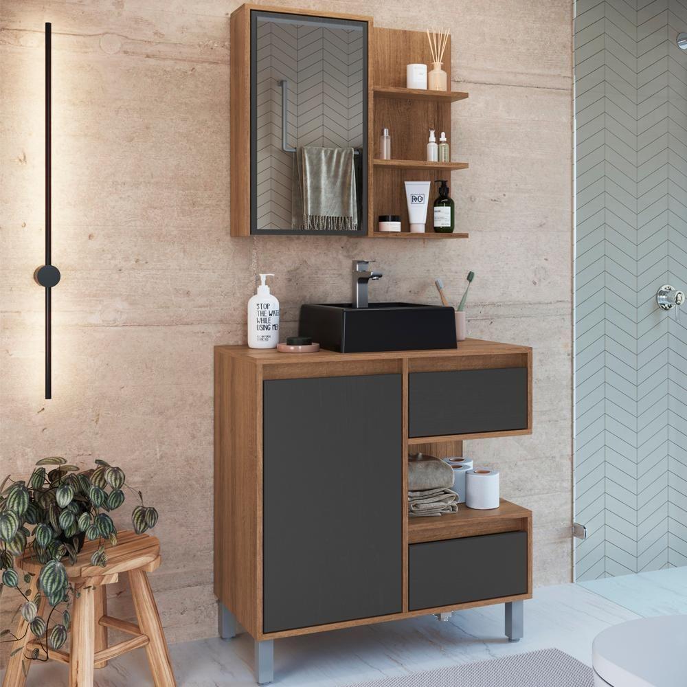 Gabinete 80 Cm Espelheira E Cuba Preta Cj2001 Mell Grafite Faem Mell Grafite - 3