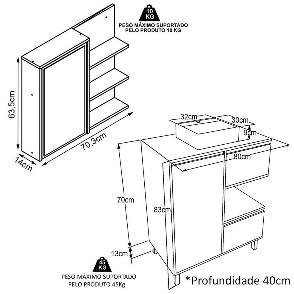 Gabinete 80 Cm Espelheira E Cuba Branca Cj2001 Mell Arenas Faem Mell Arenas - 8