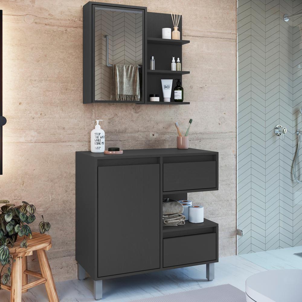 Gabinete Suspenso 80 Cm E Espelheira Cj2001 Grafite Faem Grafite - 2