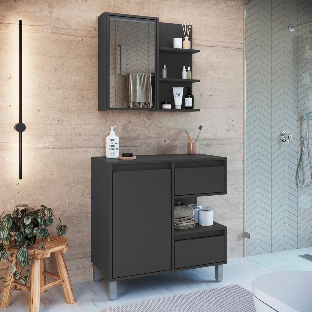 Gabinete Suspenso 80 Cm E Espelheira Cj2001 Grafite Faem Grafite - 9