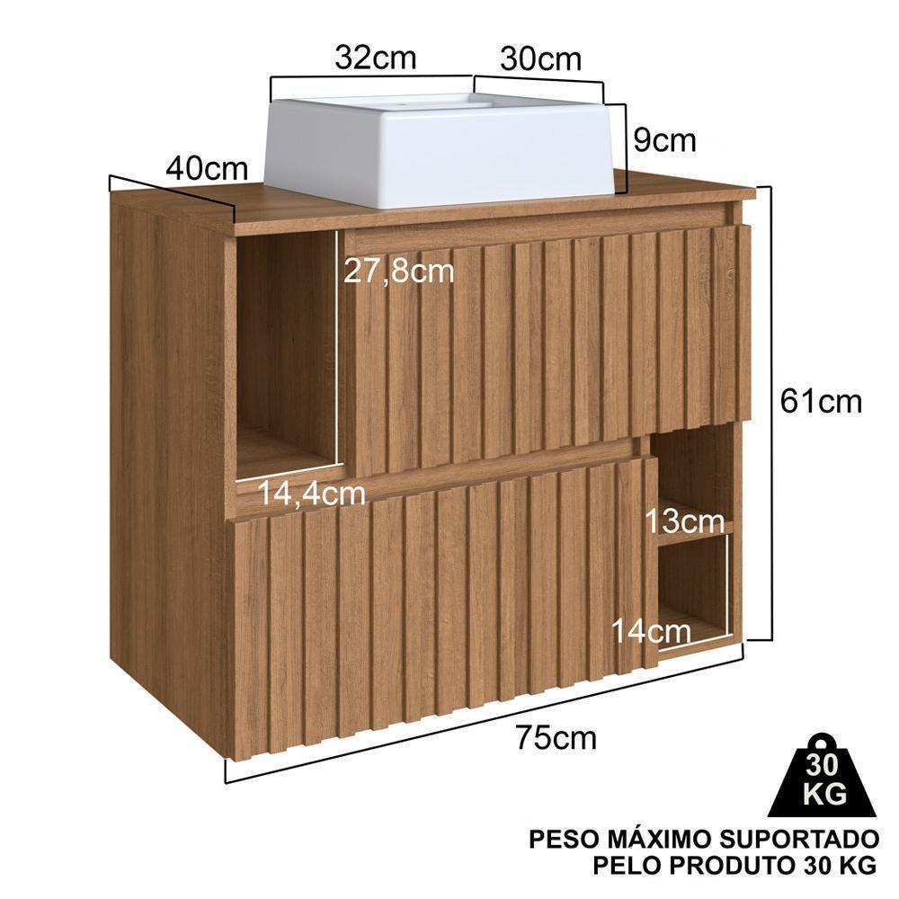 Gabinete Suspenso 2 Portas Com Cuba Branca 75 Cm Bl1000 Mell Faem Mell - 3