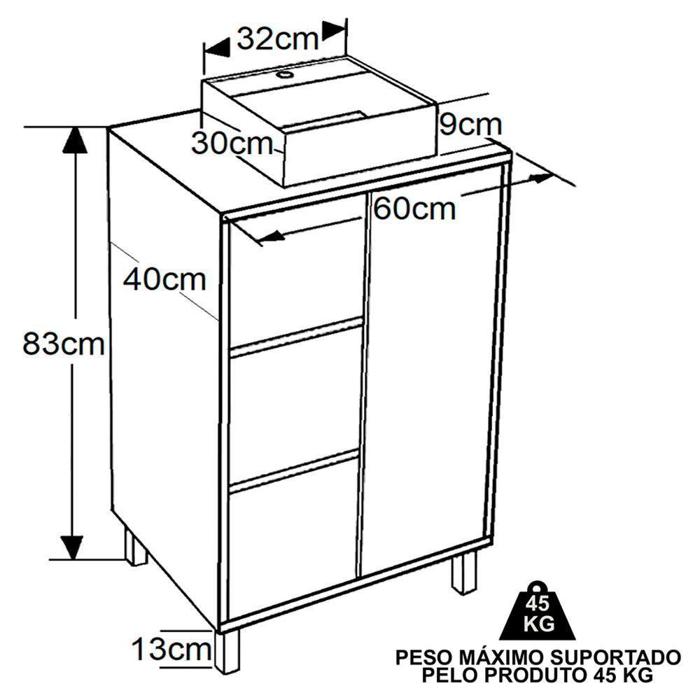 Gabinete 1 Porta Correr 60 Cm Cuba Branca Bl7250 Mell Arenas Faem Mell Arenas - 3
