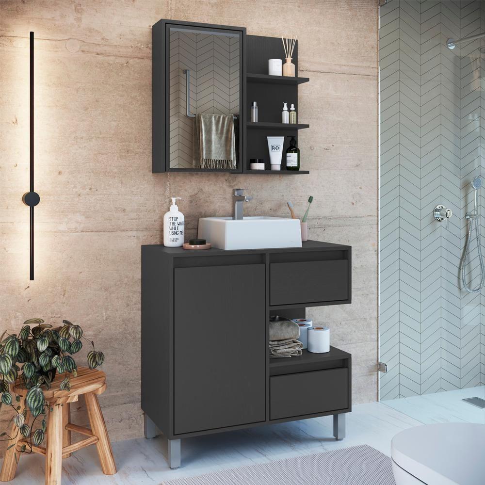 Gabinete 80 Cm Espelheira E Cuba Branca Cj2001 Grafite Faem Grafite - 6