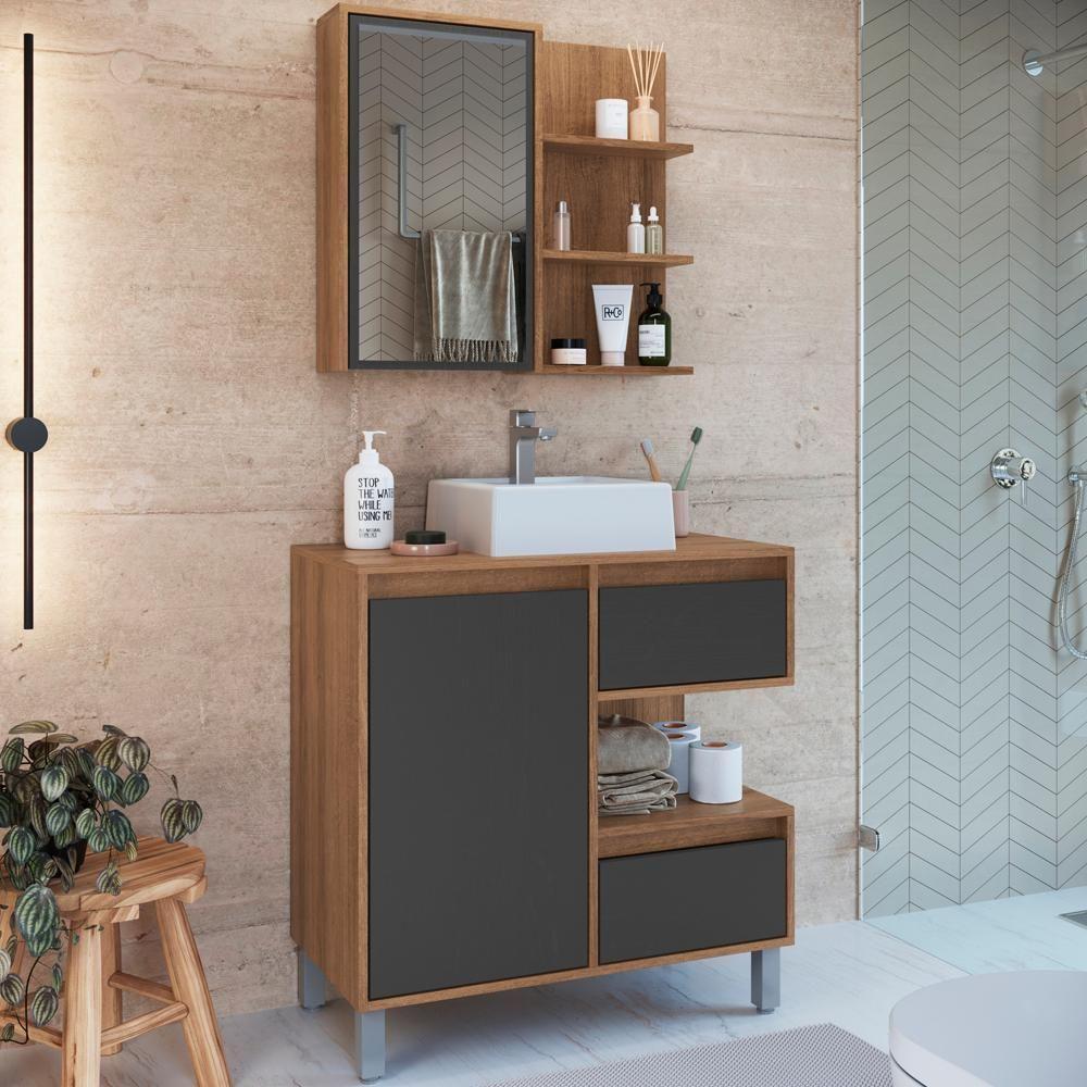 Gabinete 80 Cm Espelheira E Cuba Branca Cj2001 Mell Grafite Faem Mell Grafite - 2