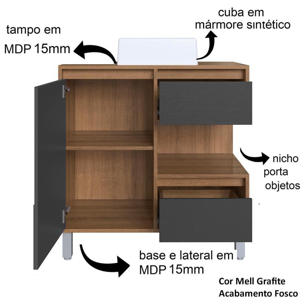 Gabinete 80 Cm Espelheira E Cuba Branca Cj2001 Mell Grafite Faem Mell Grafite - 3