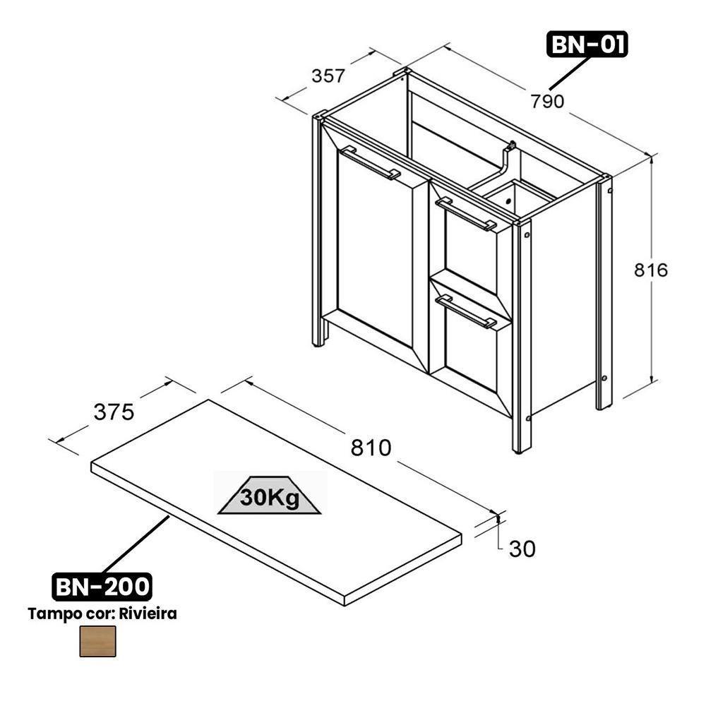Gabinete Banheiro Com Tampo 1 Pt 2 Gv 79 Cm Bn01 Preto Dtall Preto - 4