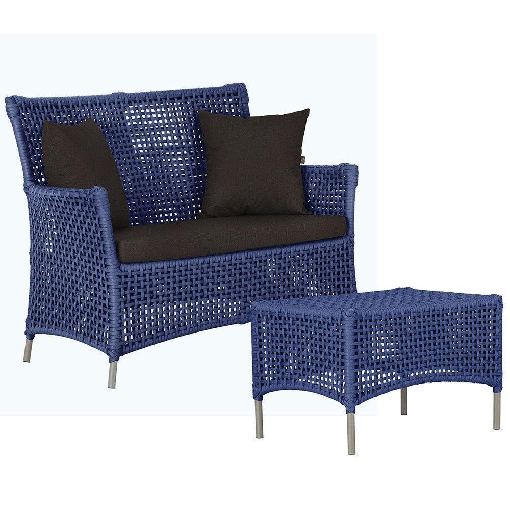 1 Sofá E Mesa Centro Igapó Alumínio Corda Náutica E9 Trama Azul - 1