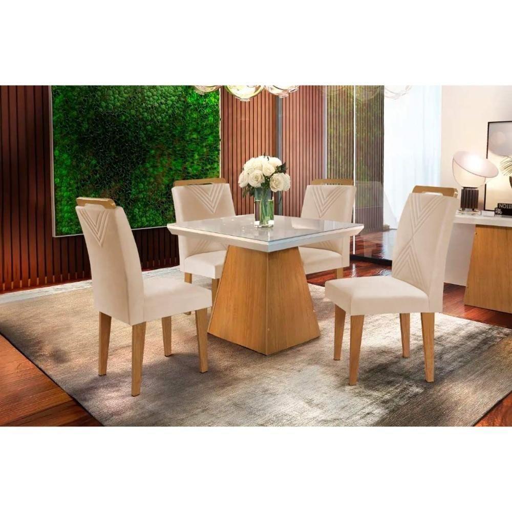 Sala De Jantar Completa Luna C- Tampo Madeirado Vidro Canto Curvo 90x90cm E 4 Cadeiras Amsterdã Imbuia-off White - Suede Creme - Rufato - 1