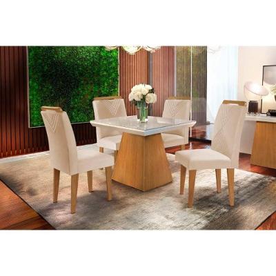 Sala De Jantar Completa Luna C- Tampo Madeirado Vidro Canto Curvo 90x90cm E 4 Cadeiras Amsterdã Imbuia-off White - Suede Creme - Rufato