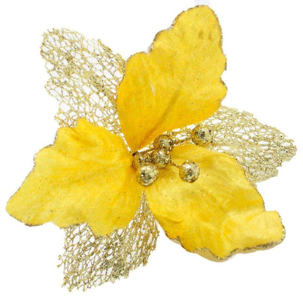 Kit 2 Flores Com Cabo Artificial Decoração De Natal Com Glitter 27cm - 3