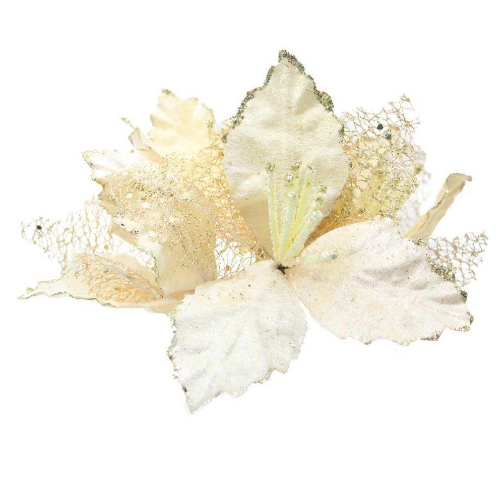 Kit 2 Flores Com Cabo Artificial Decoração De Natal Com Glitter 22cm - 1