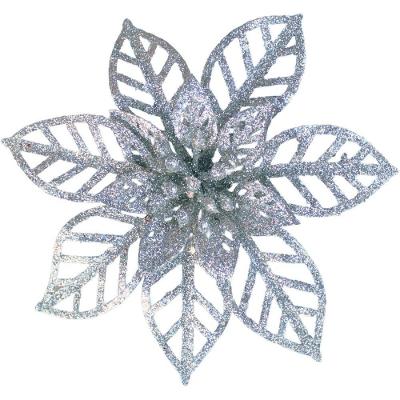 Kit 8 Flores Gliter Prata Decoração árvore De Natal De 14cm