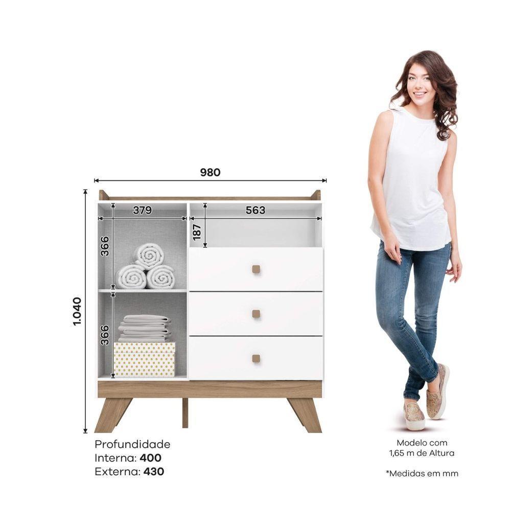 Cômoda 3 Gavetas Com Porta E Nicho Confete Branco Jequitibá Hp - 2