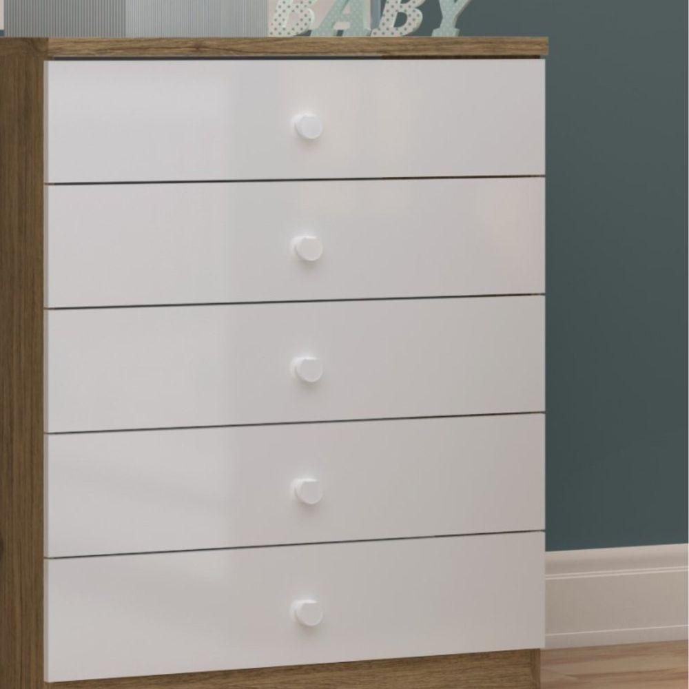 Cômoda Infantil 5 Gavetas Bala De Menta Rústico Branco - 5