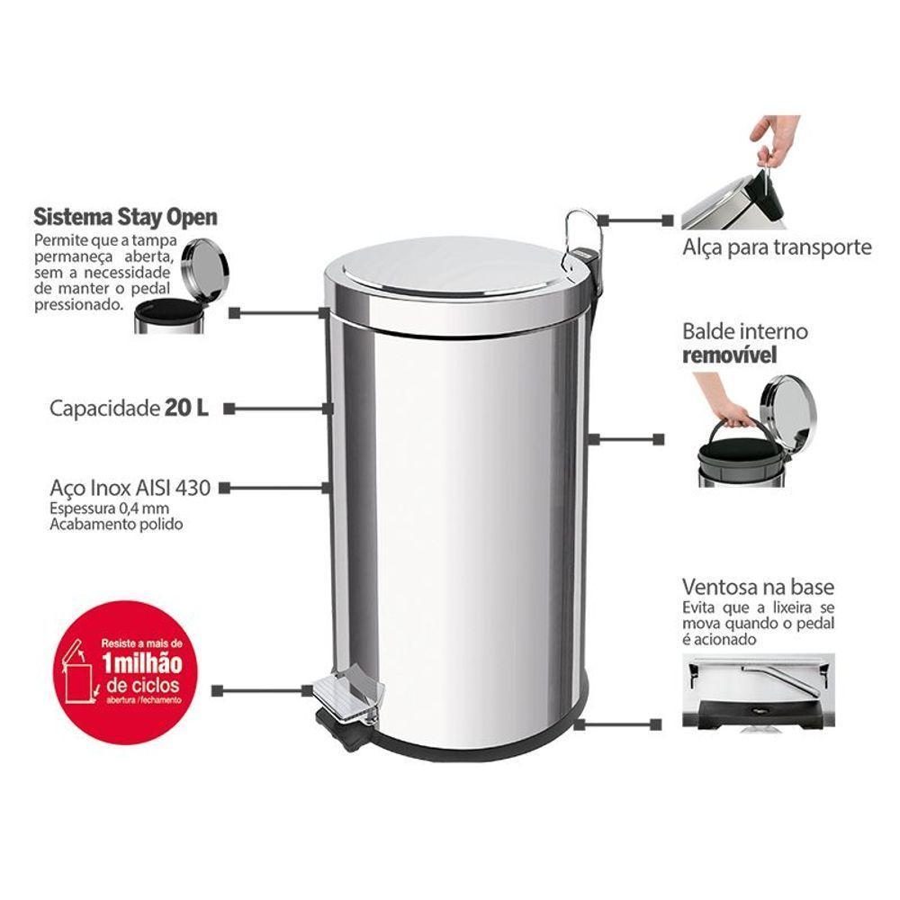 Lixeira Tramontina Brasil Com Pedal 20l Redonda Inox 94538120 - 2