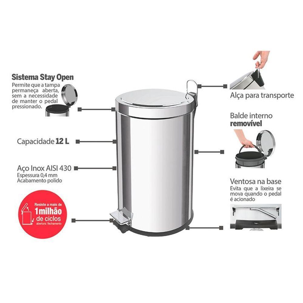 Lixeira Tramontina Brasil Com Pedal 12l Redonda Inox 94538112 - 2