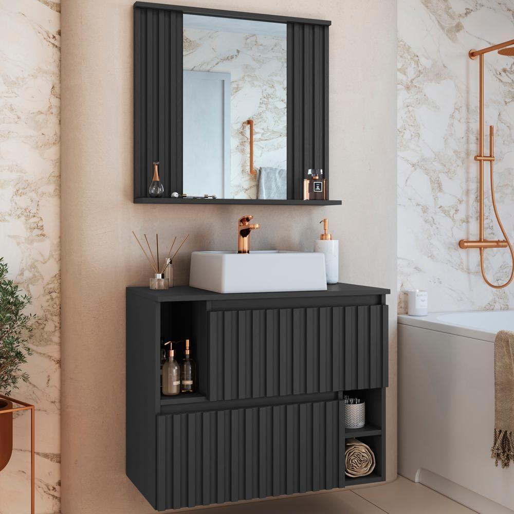 Kit Espelheira E Gabinete 70 Cm Com Cuba Branca Cj1000 Grafite Faem Grafite - 2