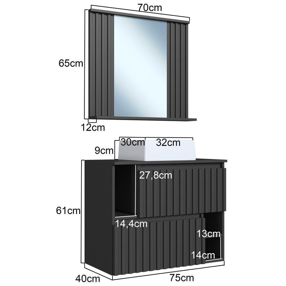 Kit Espelheira E Gabinete 70 Cm Com Cuba Branca Cj1000 Grafite Faem Grafite - 3