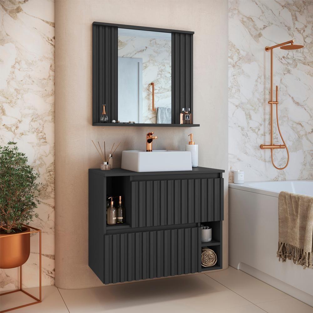 Kit Espelheira E Gabinete 70 Cm Com Cuba Branca Cj1000 Grafite Faem Grafite - 8