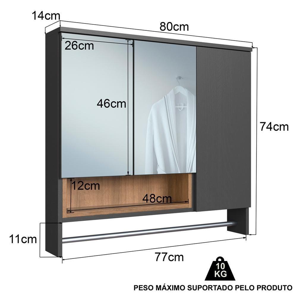 Espelheira Com Toalheiro 3 Portas E Nicho 80 Cm Es9002 Mell Grafite Faem Mell Grafite - 2
