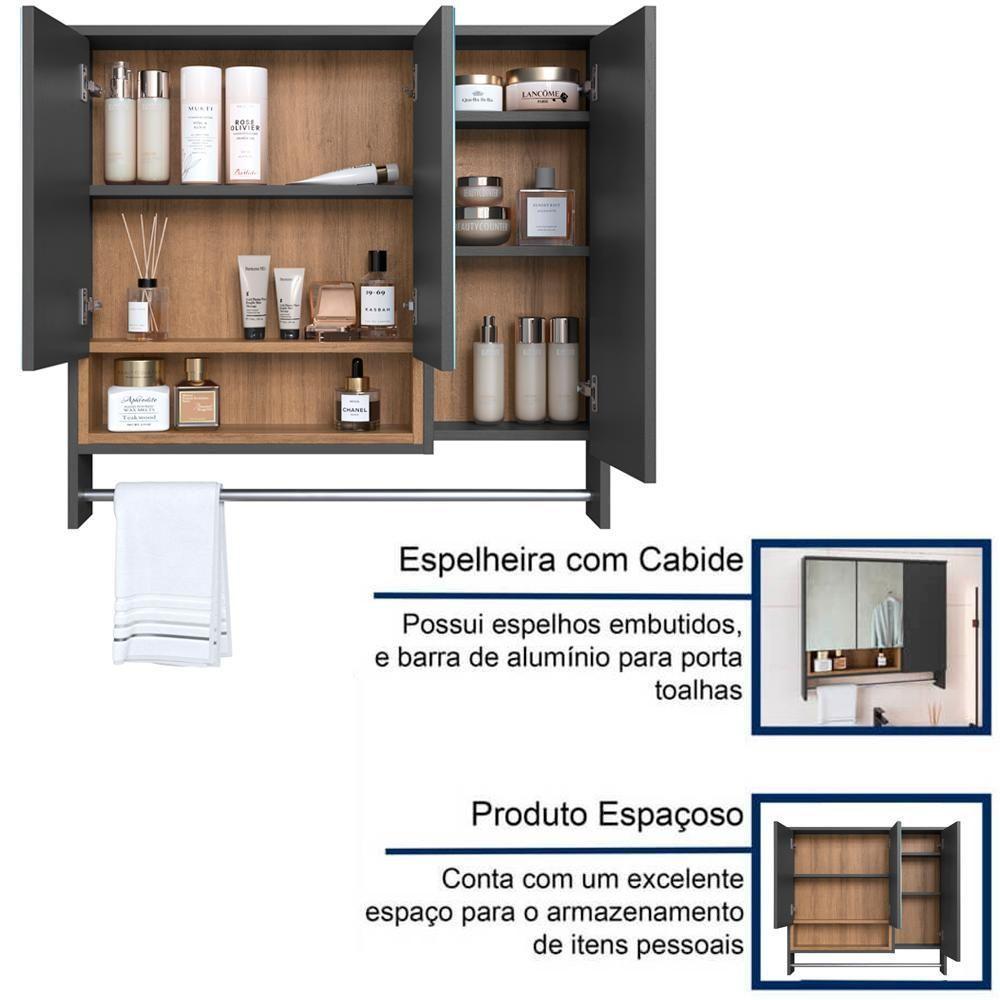 Espelheira Com Toalheiro 3 Portas E Nicho 80 Cm Es9002 Mell Grafite Faem Mell Grafite - 7