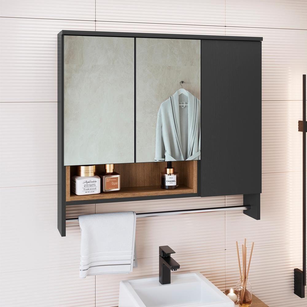 Espelheira Com Toalheiro 3 Portas E Nicho 80 Cm Es9002 Mell Grafite Faem Mell Grafite - 8