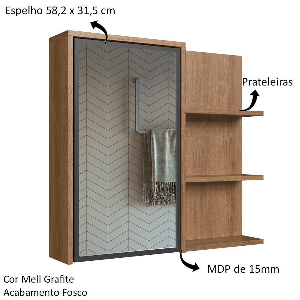 Armário Espelheira 70 Cm 1 Porta 3 Nichos Es2001 Mell Grafite Faem Mell Grafite - 3