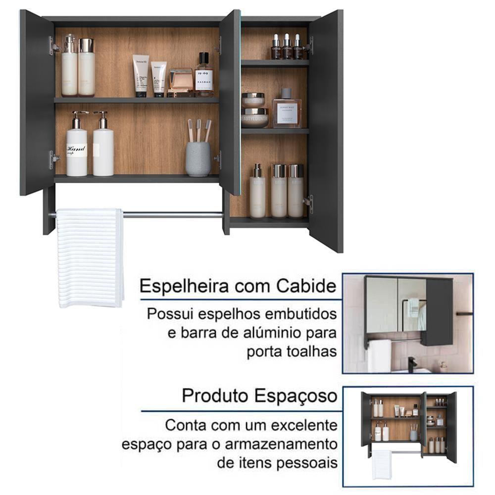 Espelheira Com 3 Portas E Toalheiro 80 Cm Es9000 Mell Grafite Faem Mell Grafite - 7