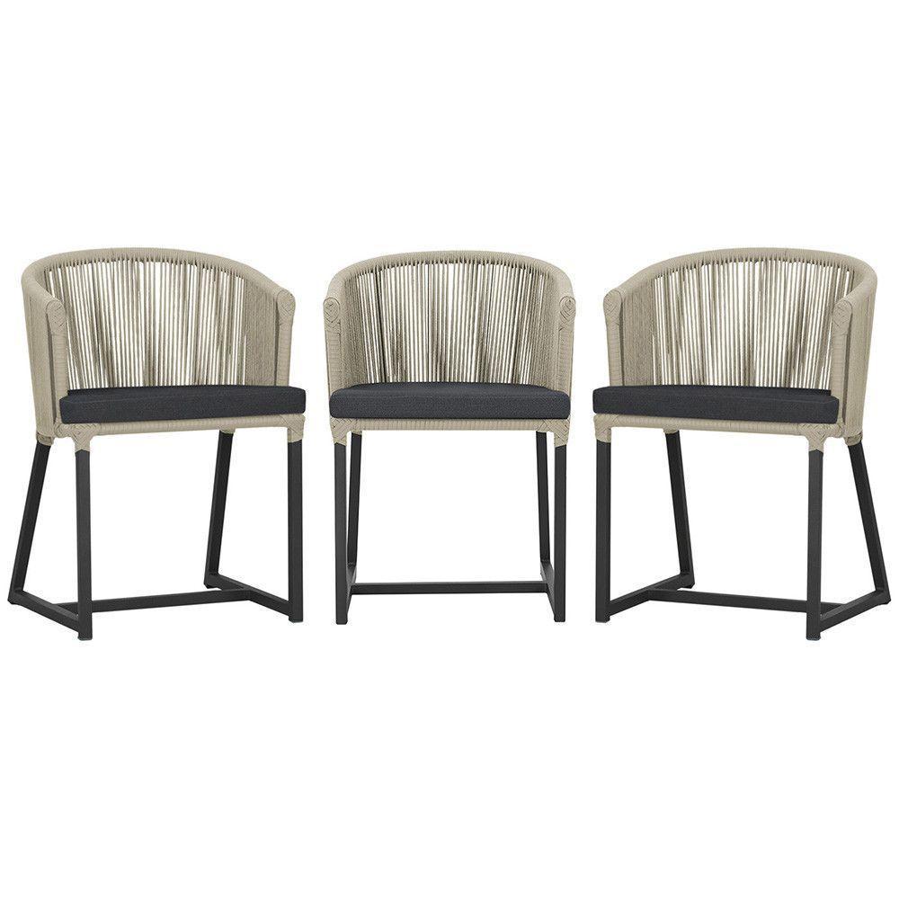 3 Cadeiras De Jantar Noronha Preta Corda Náutica E11 Trama Rami - 1