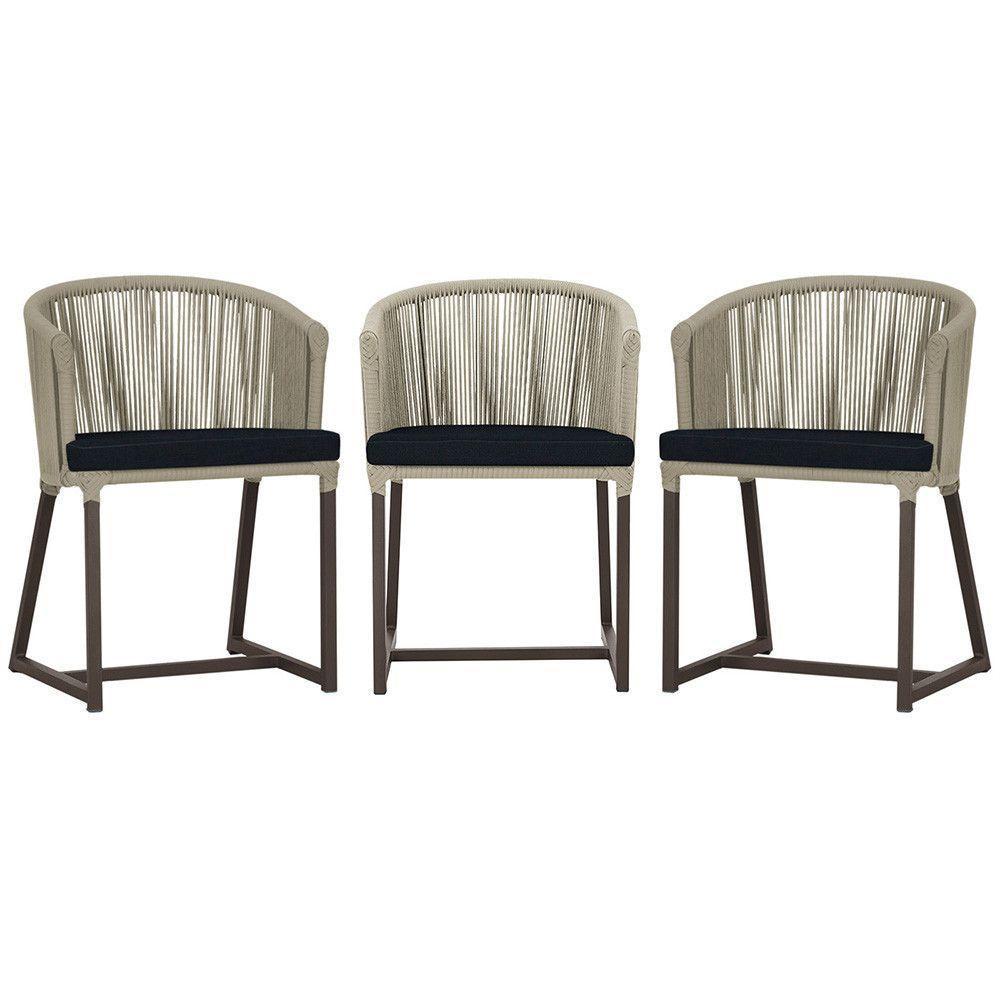 3 Cadeiras De Jantar Noronha Marrom Corda Náutica E12 Trama Rami - 1