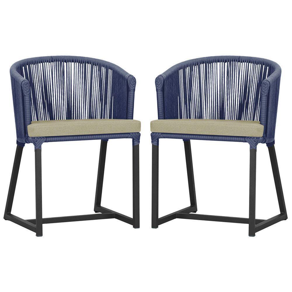2 Cadeiras De Jantar Noronha Preta Corda Náutica E7 Trama Azul - 1