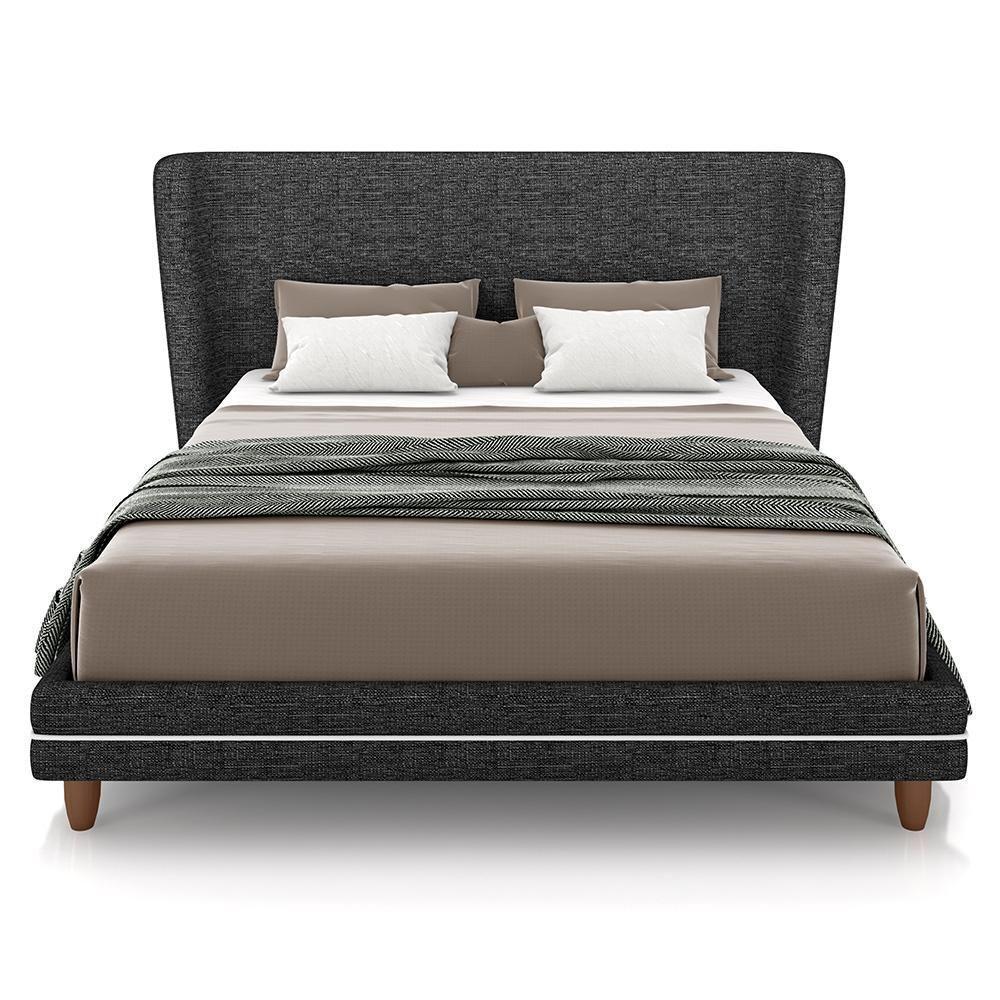 Cabeceira Casal Nilo 140cm Com Cama Pés Madeira Suném P05 Linho Cinza Escuro - Lyam Decor - 3