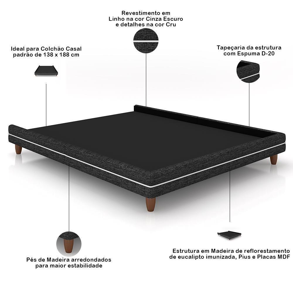 Cabeceira Casal Nilo 140cm Com Cama Pés Madeira Suném P05 Linho Cinza Escuro - Lyam Decor - 5