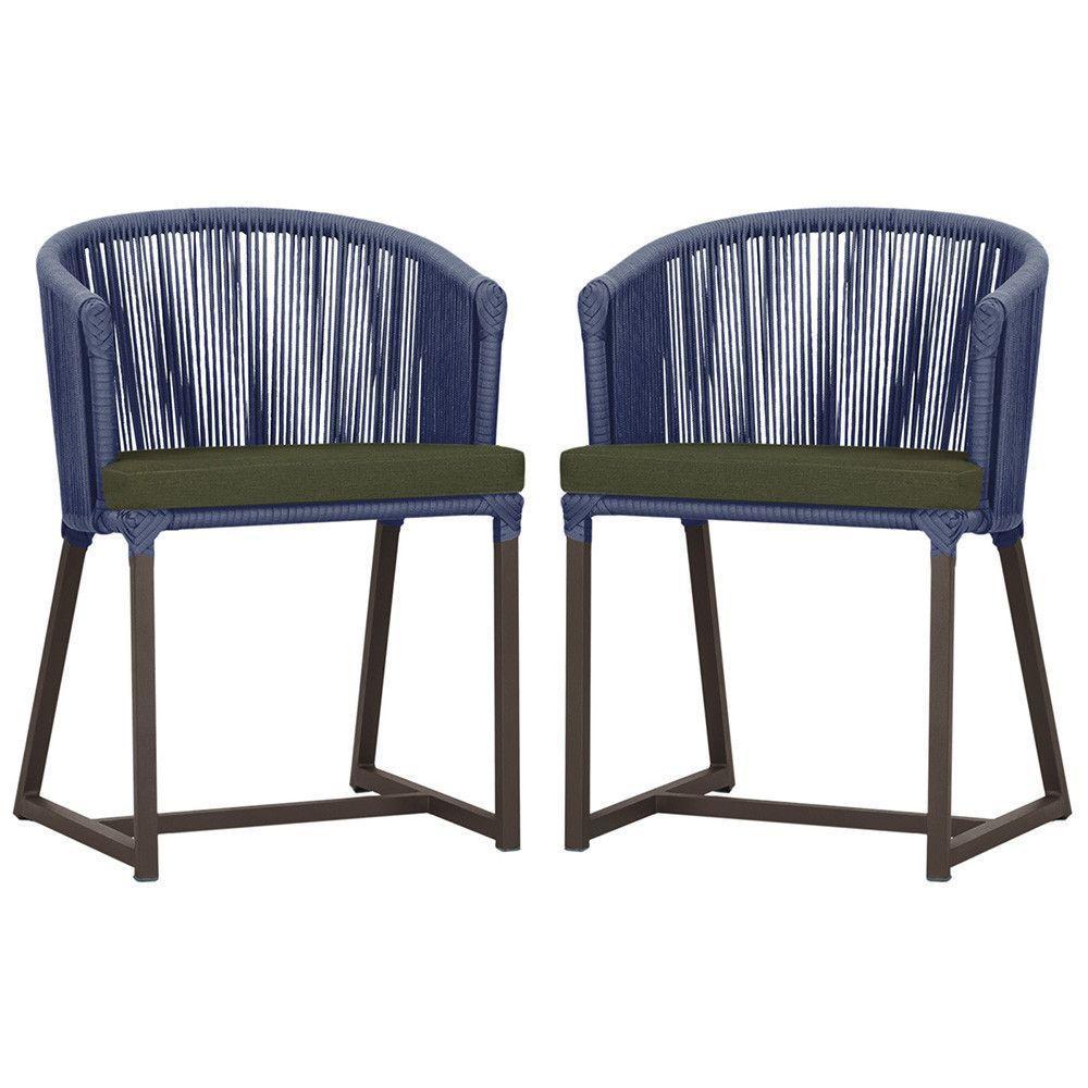 2 Cadeiras De Jantar Noronha Marrom Corda Náutica E13 Trama Azul - 1