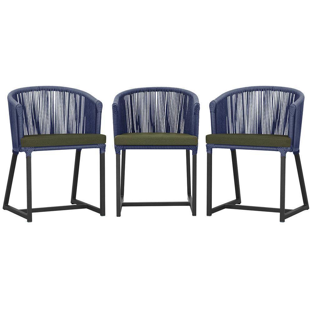 3 Cadeiras De Jantar Noronha Preta Corda Náutica E13 Trama Azul - 1
