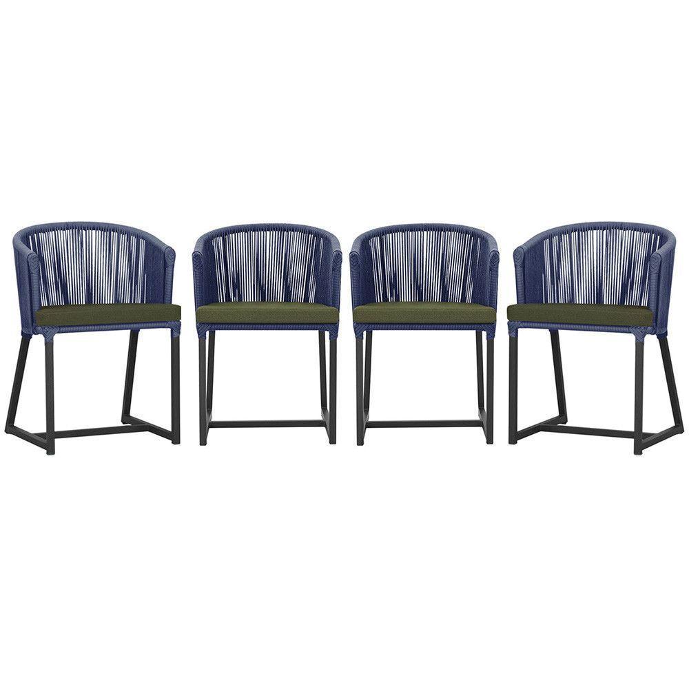 4 Cadeiras De Jantar Noronha Preta Corda Náutica E13 Trama Azul - 1