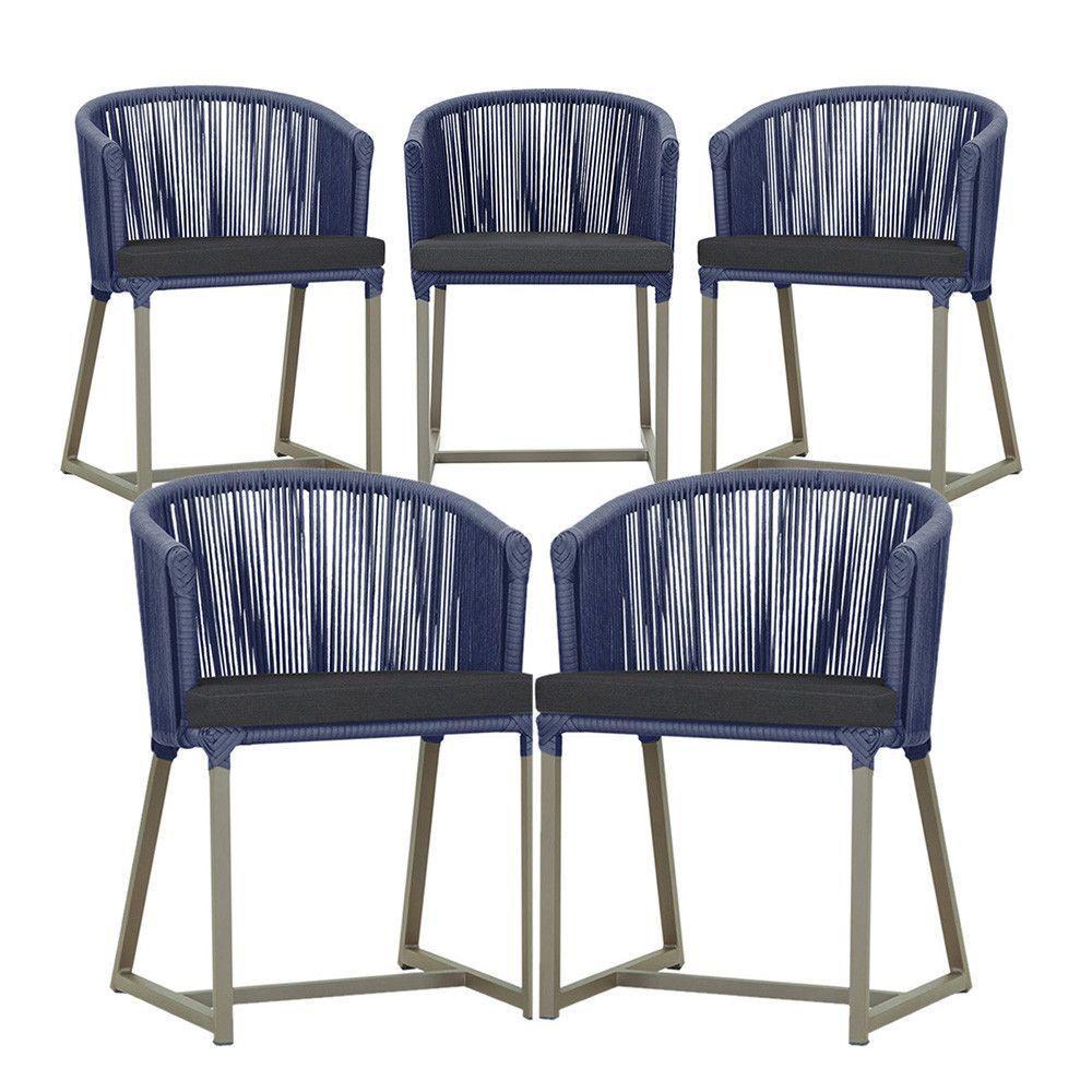 5 Cadeiras De Jantar Noronha Fendi Corda Náutica E11 Trama Azul - 1
