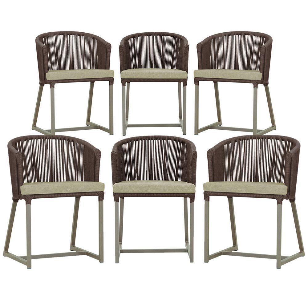 6 Cadeiras De Jantar Noronha Fendi Corda Náutica E7 Trama Marrom - 1