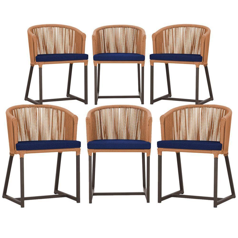 6 Cadeiras De Jantar Noronha Marrom Corda Náutica E10 Trama Terra Cota - 1