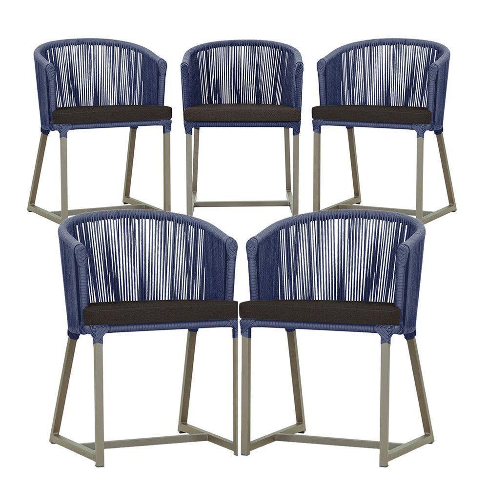 5 Cadeiras De Jantar Noronha Fendi Corda Náutica E9 Trama Azul - 1
