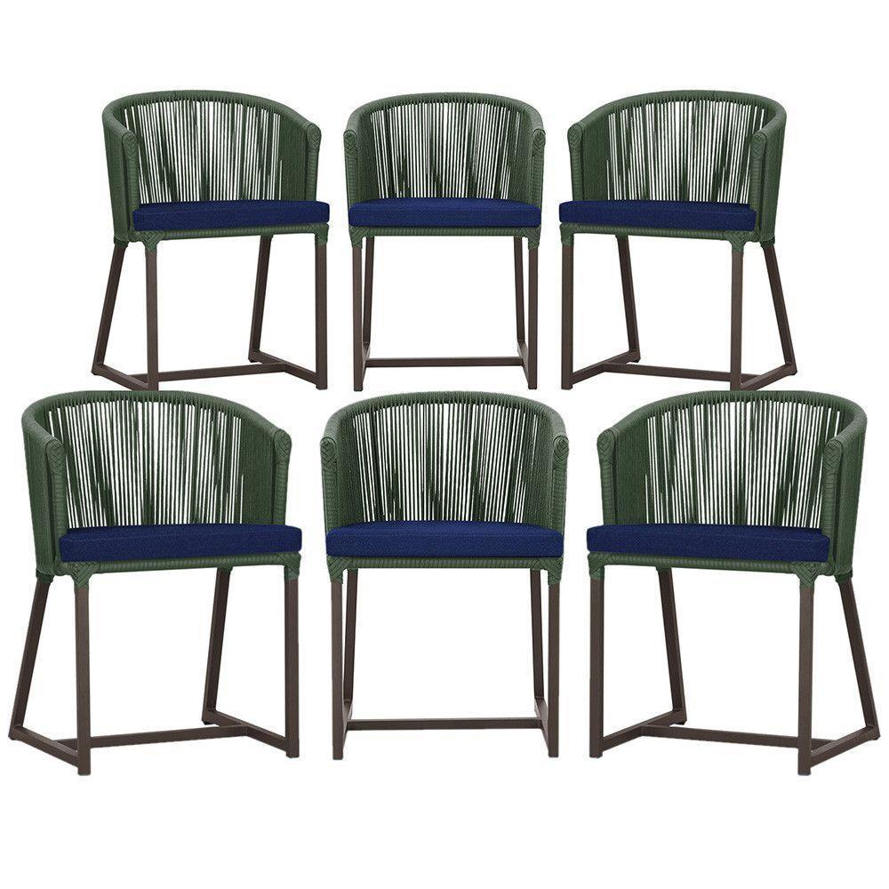 6 Cadeiras De Jantar Noronha Marrom Corda Náutica E10 Trama Verde - 1