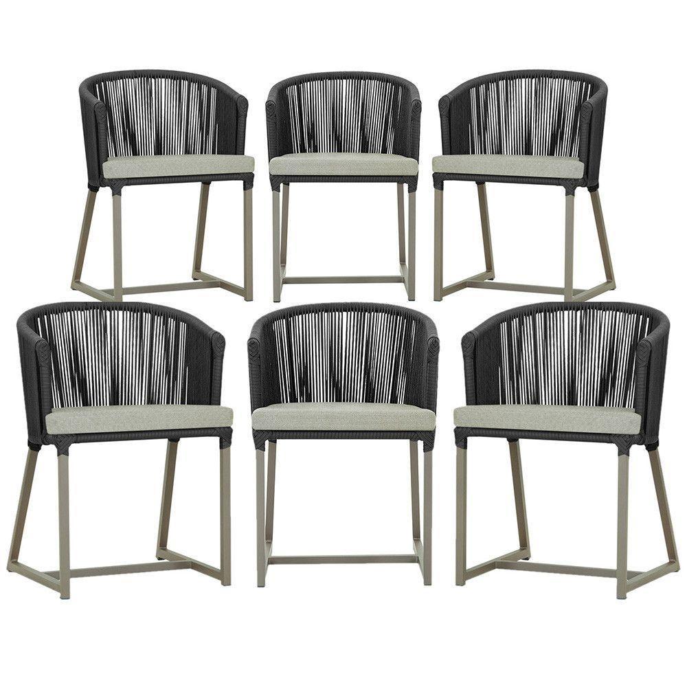 6 Cadeiras De Jantar Noronha Fendi Corda Náutica E3 Trama Preto - 1