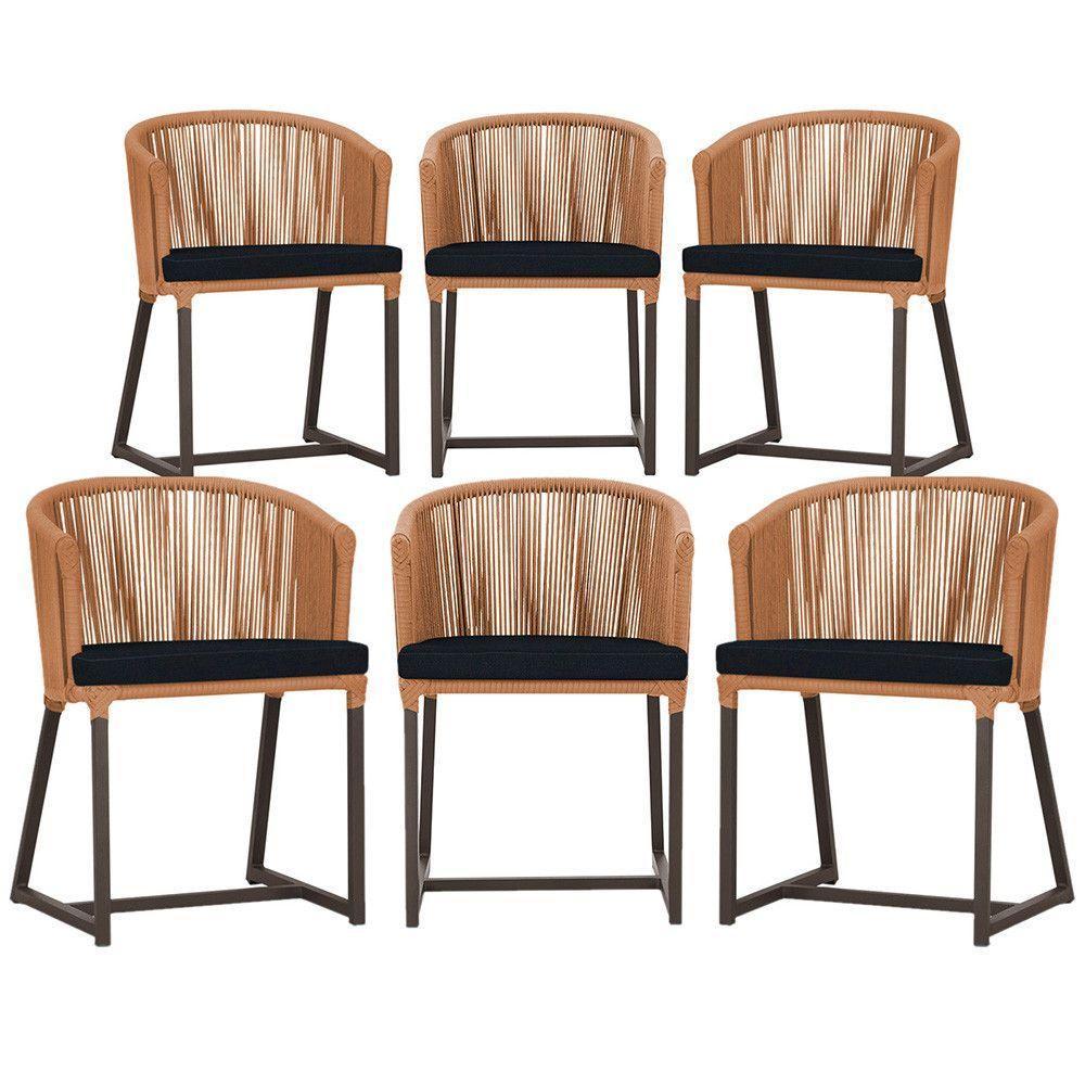 6 Cadeiras De Jantar Noronha Marrom Corda Náutica E12 Trama Terra Cota - 1