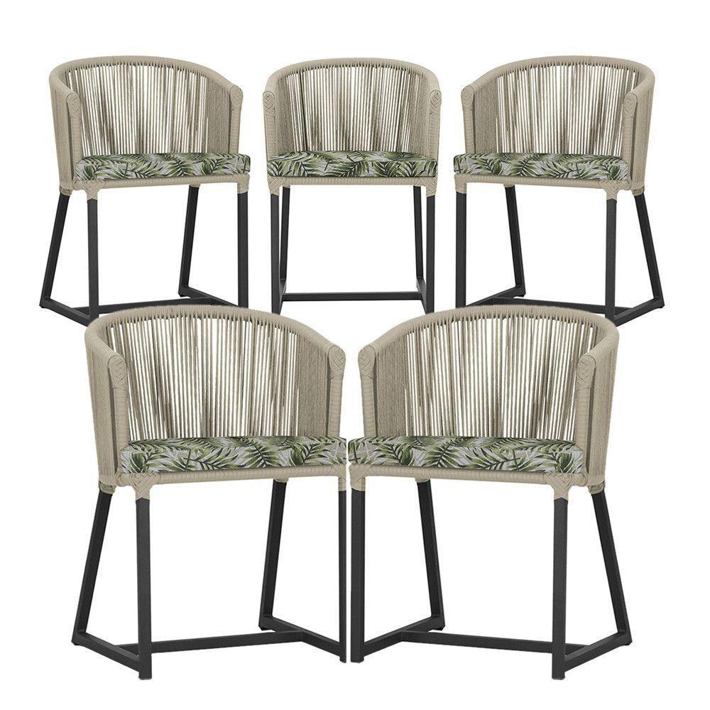 5 Cadeiras De Jantar Noronha Preta Corda Náutica E5 Trama Rami - 1