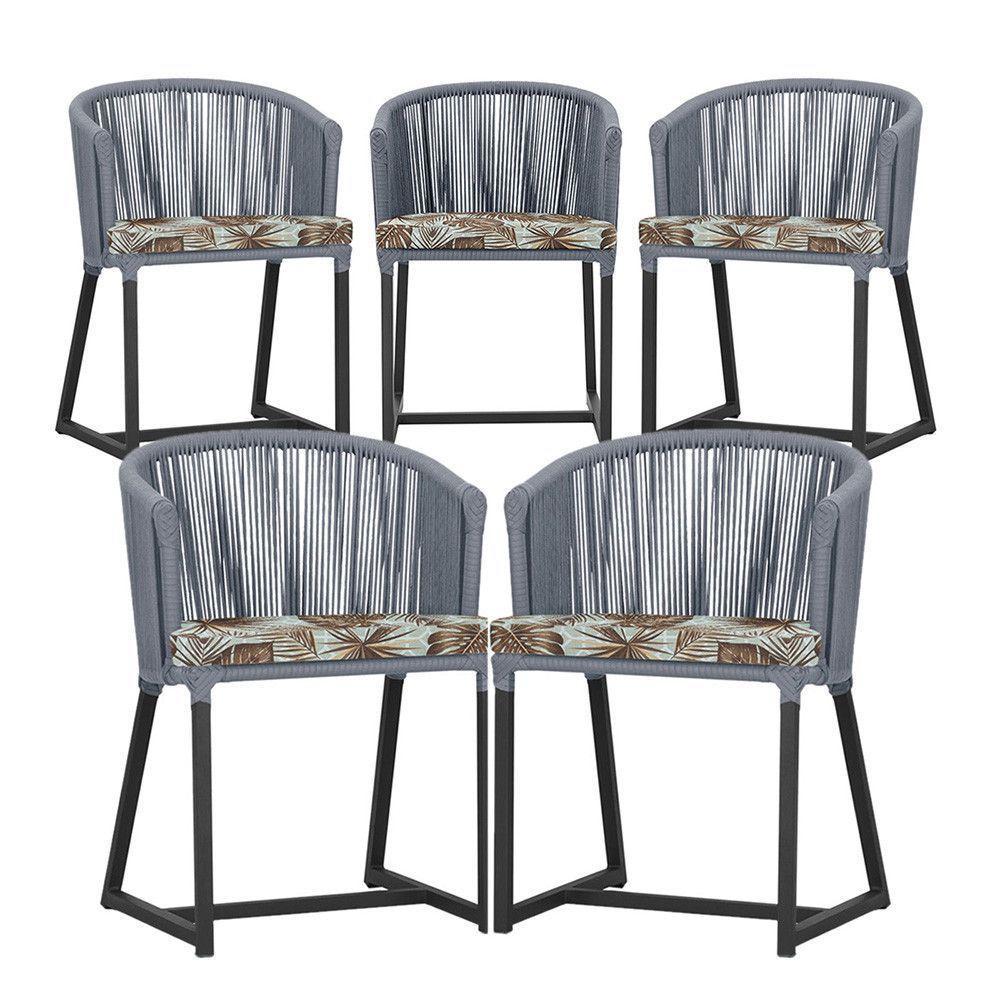 5 Cadeiras De Jantar Noronha Preta Corda Náutica E6 Trama Prata - 1