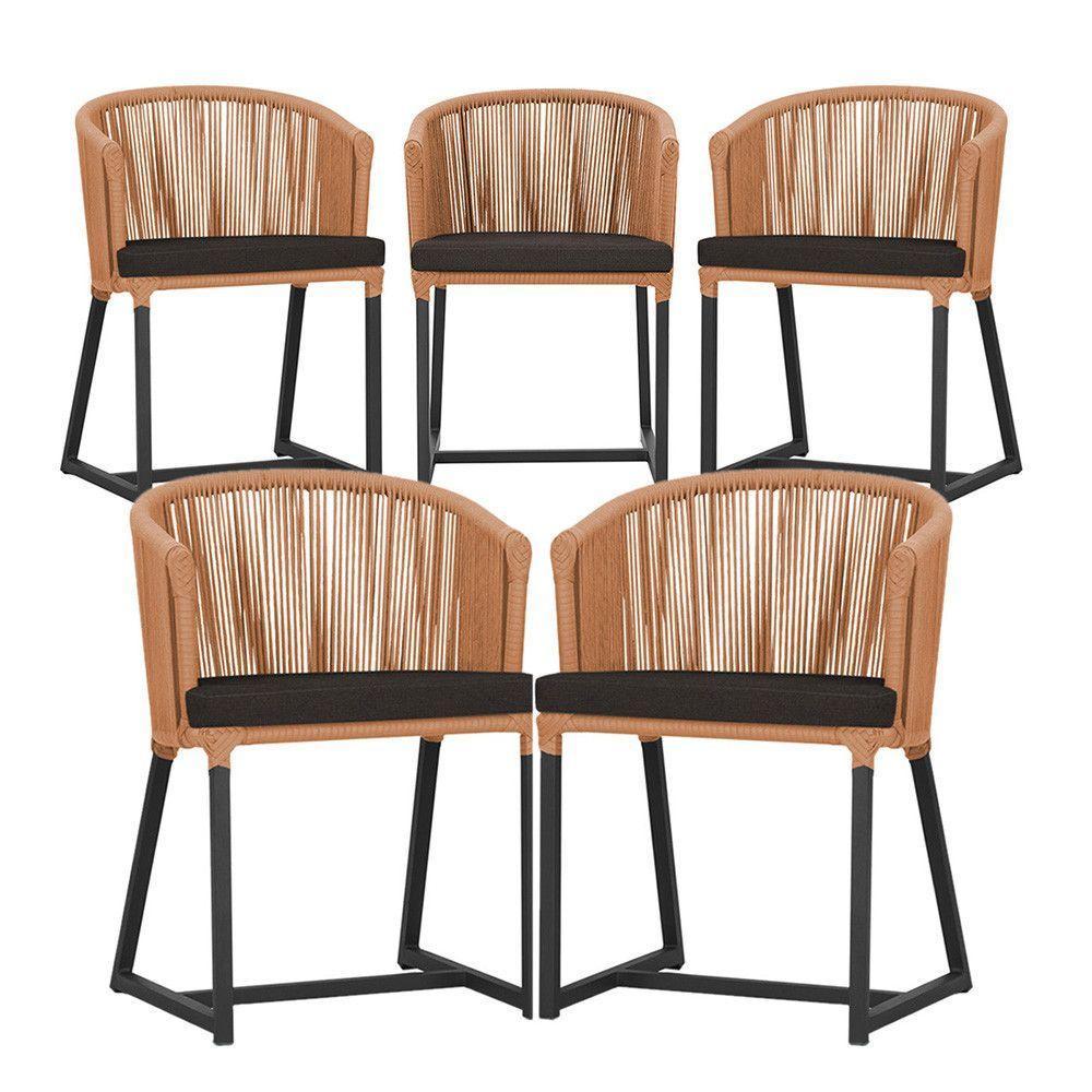 5 Cadeiras De Jantar Noronha Preta Corda Náutica E9 Trama Terra Cota - 1