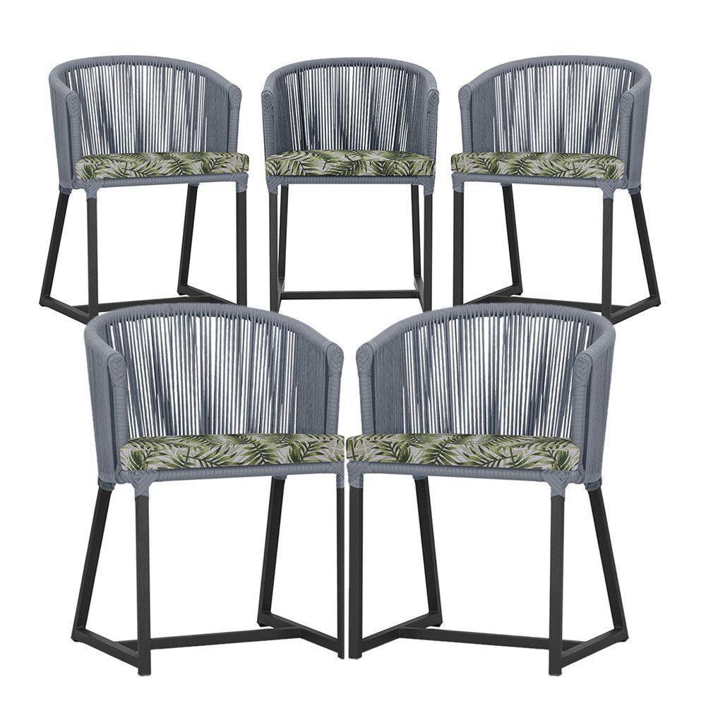 5 Cadeiras De Jantar Noronha Preta Corda Náutica E5 Trama Prata - 1