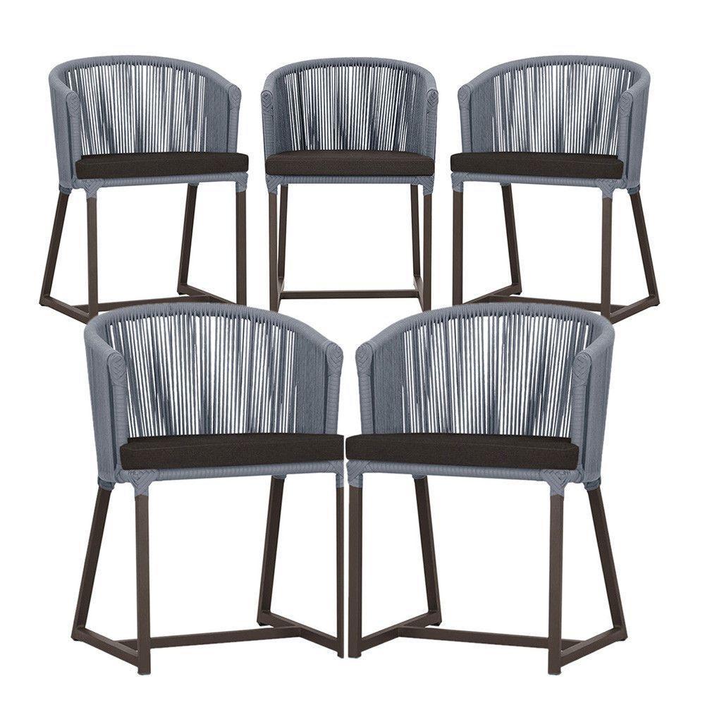 5 Cadeiras De Jantar Noronha Marrom Corda Náutica E9 Trama Prata - 1