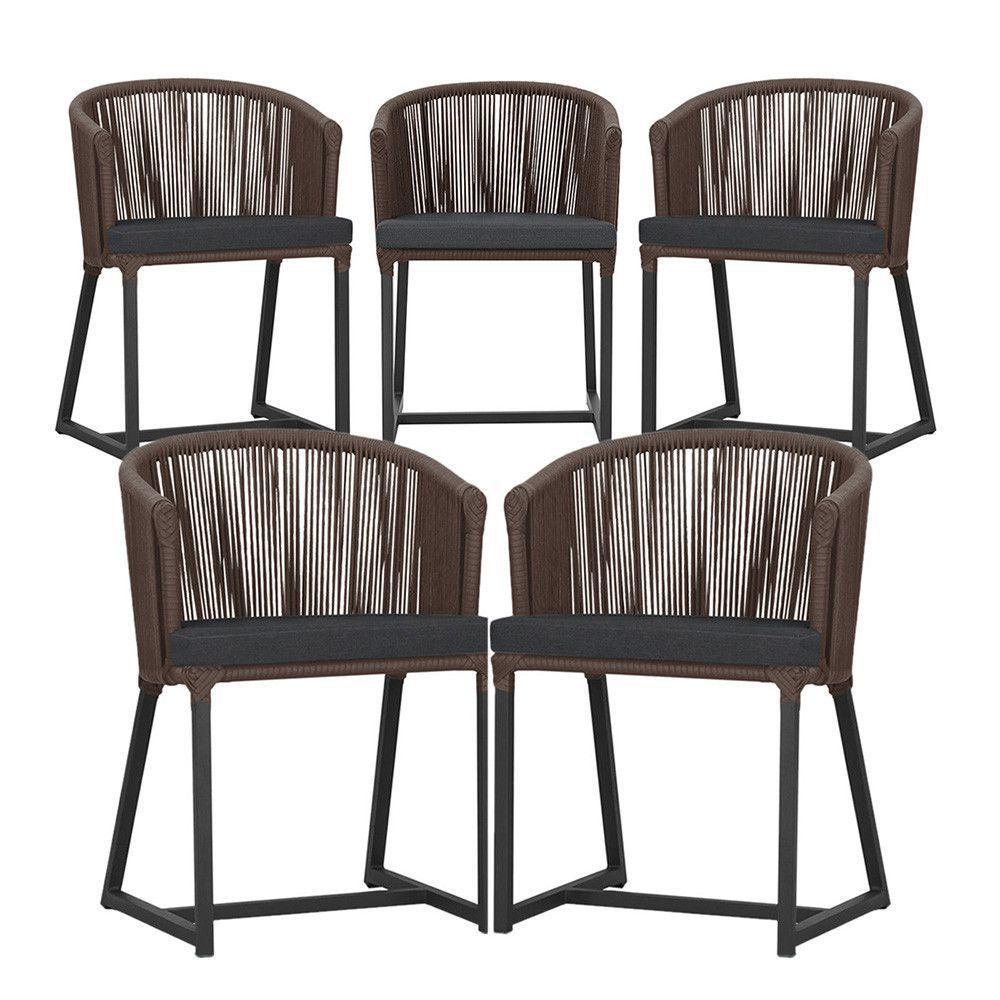 5 Cadeiras De Jantar Noronha Preta Corda Náutica E11 Trama Marrom - 1