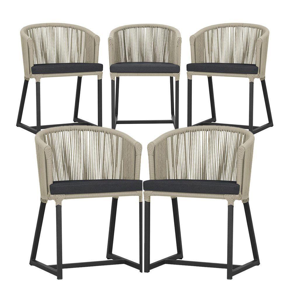 5 Cadeiras De Jantar Noronha Preta Corda Náutica E11 Trama Rami - 1